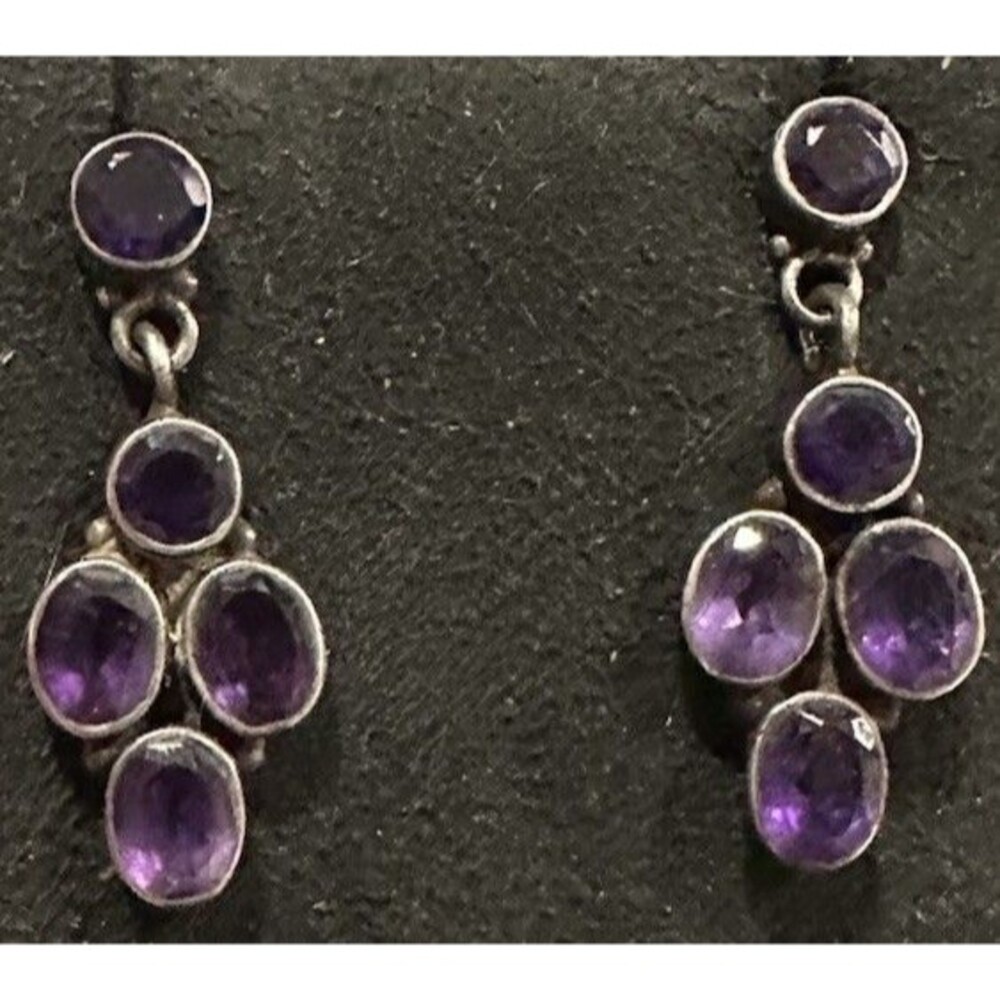 Vintage Gorgeous Handcrafted Sterling Silver 925 AMETHYST Cluster Earrings